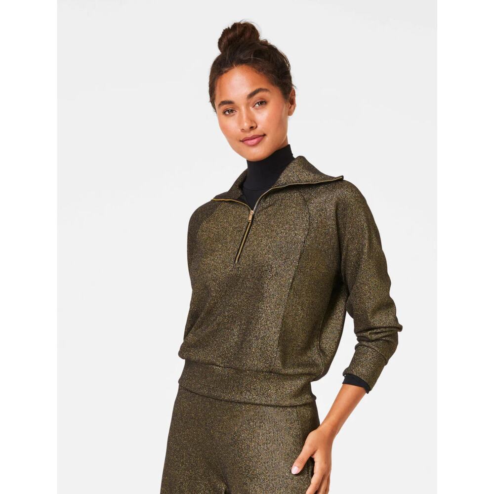 Spanx AirEssentials Shine Half-Zip Sweatshirt Top Black Gold Women's XL NWT - Picture 6 of 13